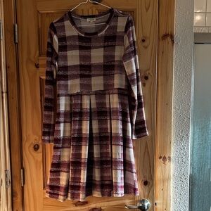 Elegant Plaid Long Sleeve Dress - Burgundy and Cream